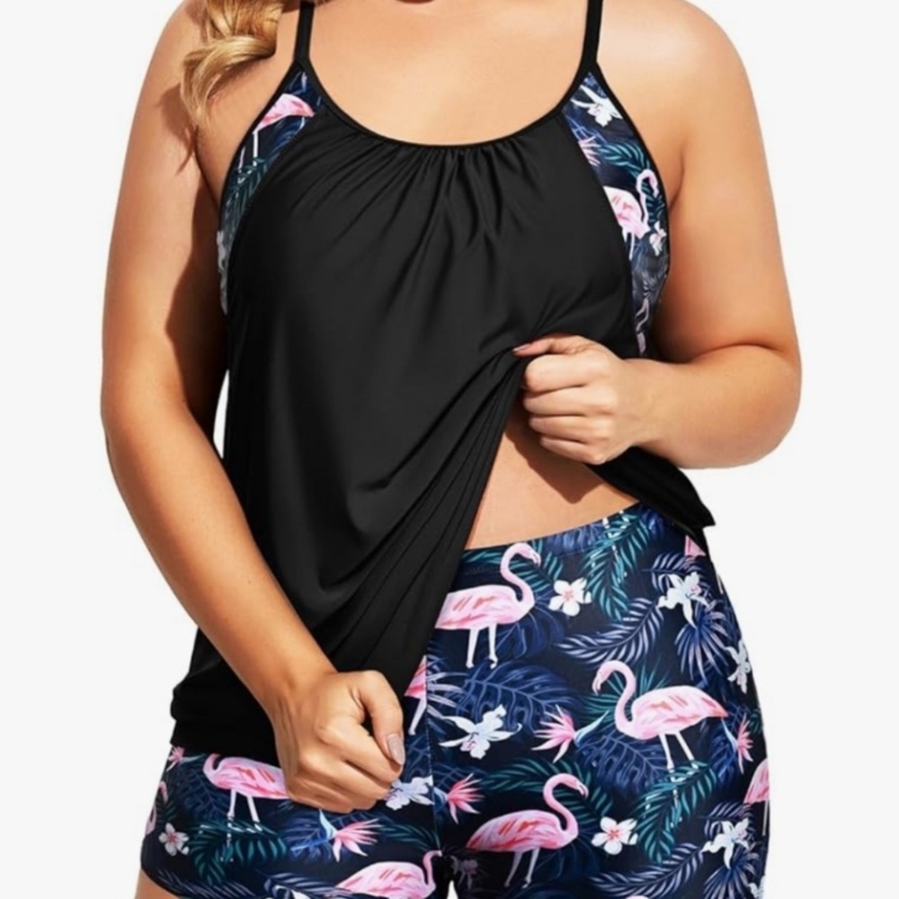 Flamingo Print Women's Swim Set - Black and Pink